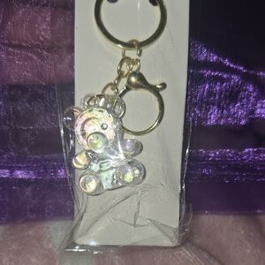 Iridescent Teddy Bear Keychain with Gold Hardware